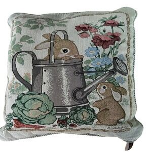 B. Whiteaker Tapestry Bunny Rabbit Watering Can Garden Throw Pillow 16x16